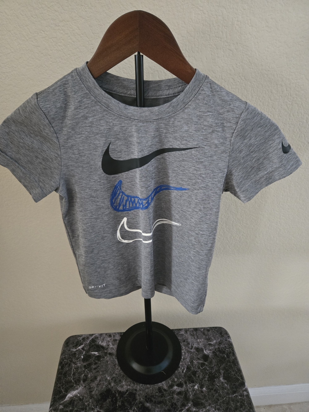 Nike Gray Short Sleeve Tee with Black, Blue & White Swooshes
